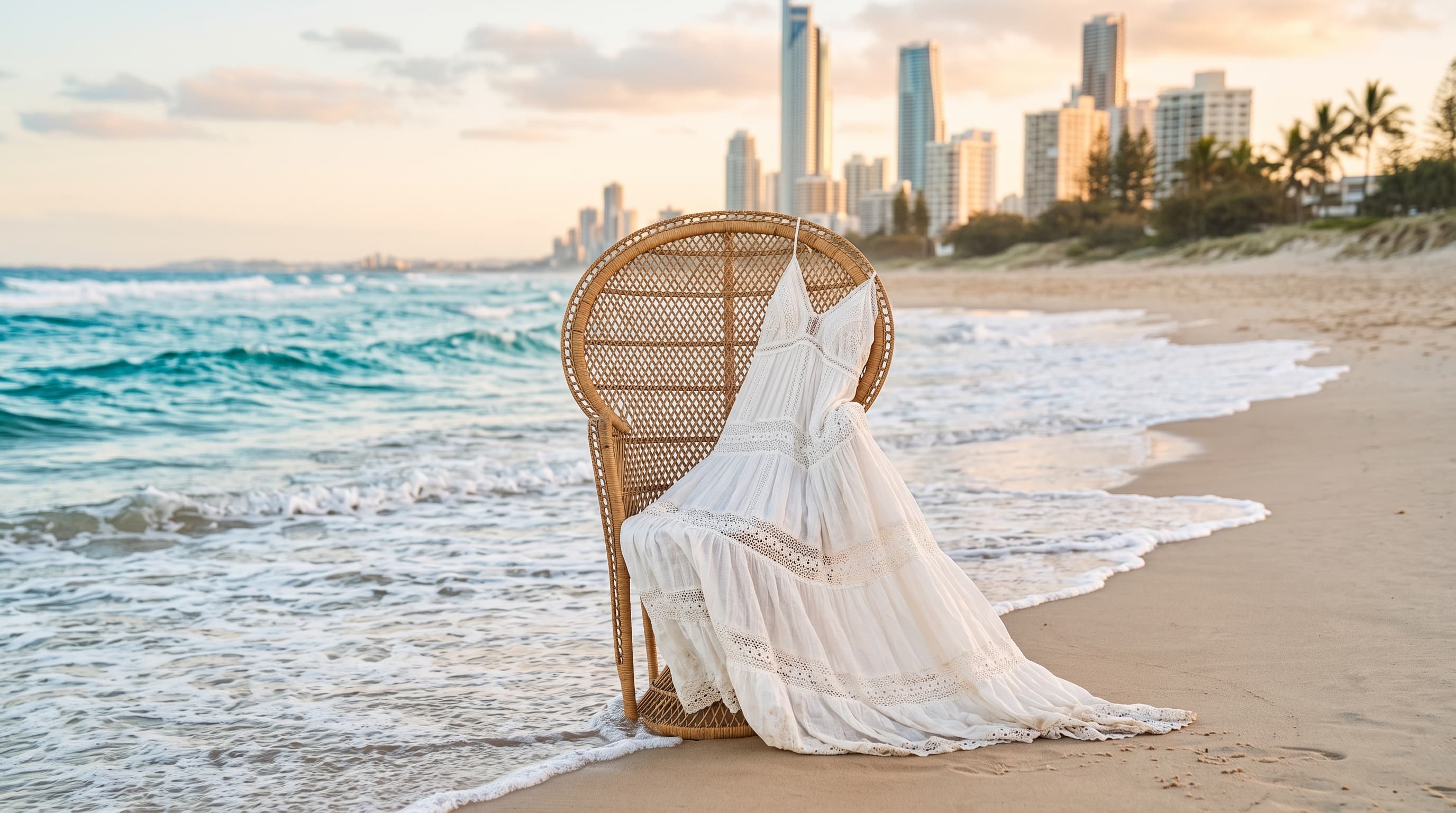 White lace maxi dress hanging on a rattan peacock chair at the water's edge