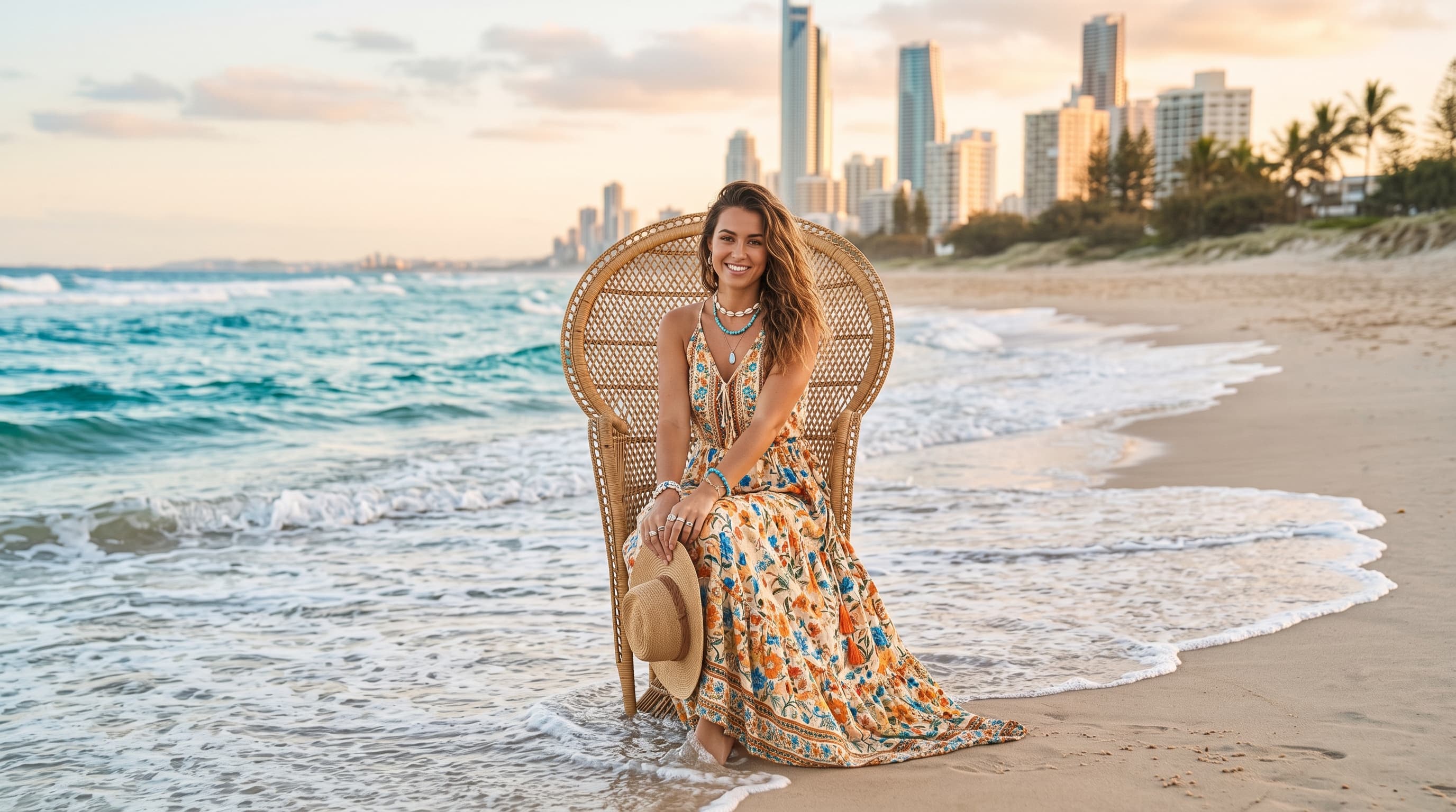 Woman in a floral boho maxi dress sitting in a rattan peacock chair on the shoreline